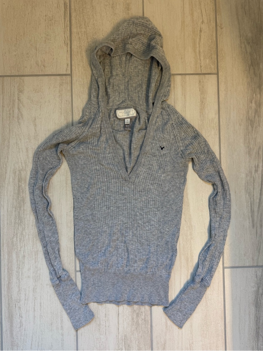 American Eagle Outfitters Heather Gray V-Neck Hooded Ribbed Sweater